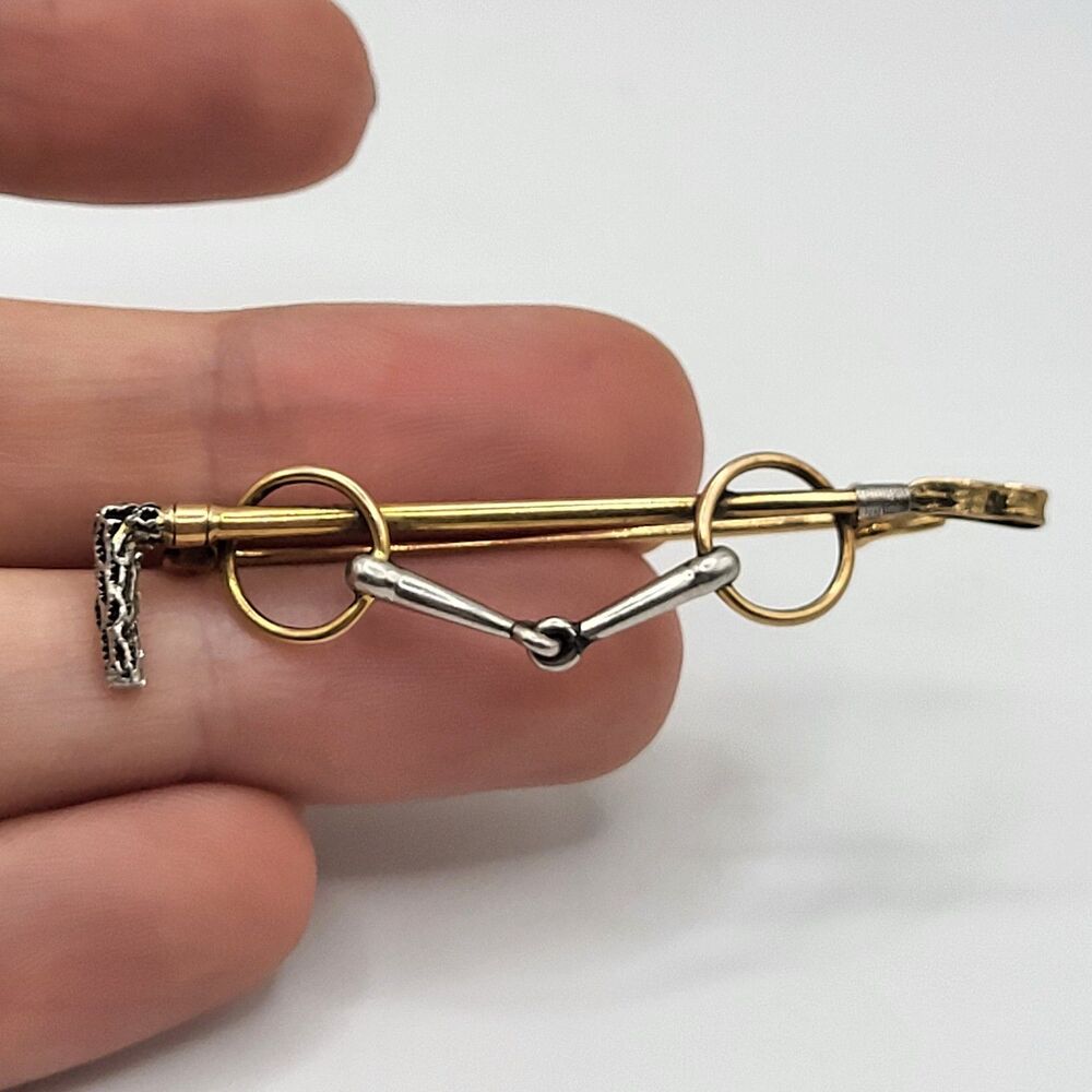 Vintage Gold Tone Riding Crop Snaffle Bit Brooch Equestrian Stock Bar Pin 2in